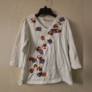 Quacker Factory White Blouse with Colorful Floral Embroidery